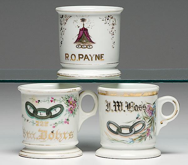 Appraisal: THREE ODDFELLOWS SHAVING MUGS including one with three rings could