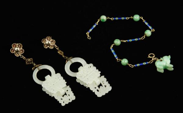 Appraisal: - Chinese Carved Jade Earrings and Bracelet Chinese carved jade