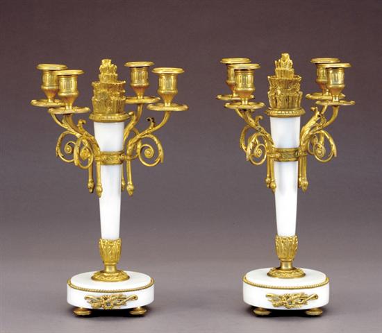 Appraisal: Pair Charles X style gilt-metal and marble candelabra center stem