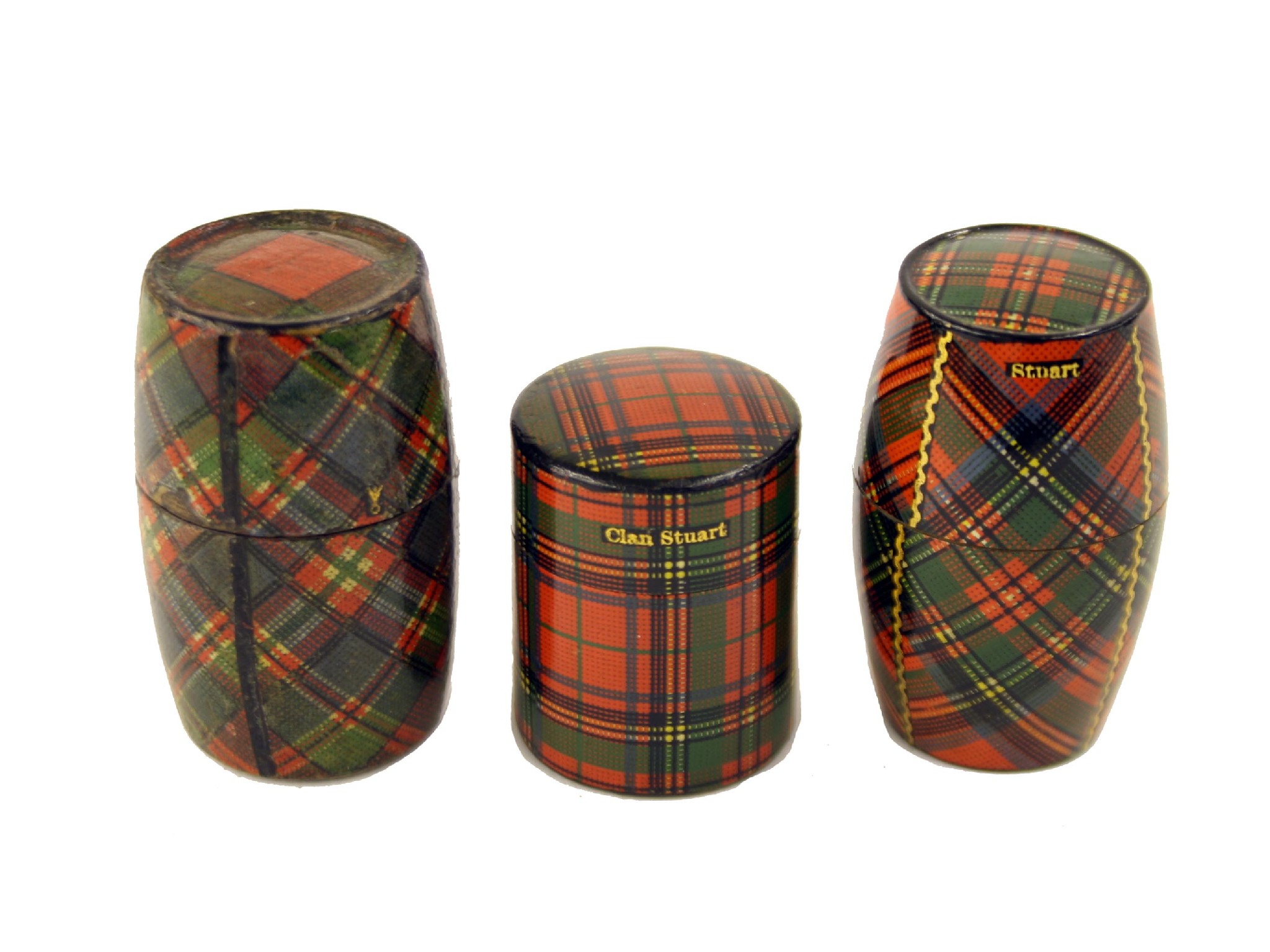 Appraisal: Tartan ware - three barrel shaped and cylindrical thimble boxes