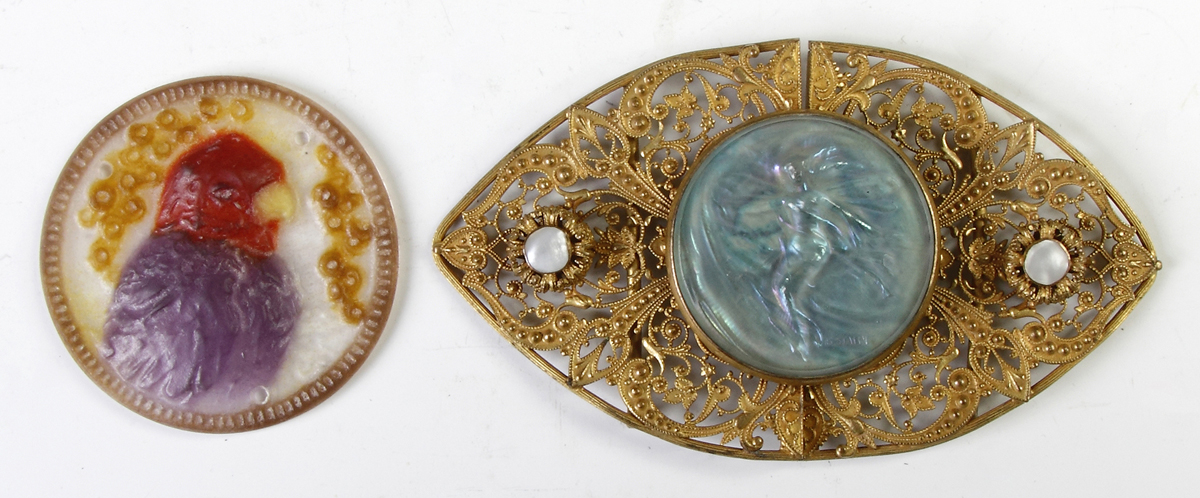 Appraisal: Brass Art Glass Mother-of-Pearl Buckle Early th cent Glass marked