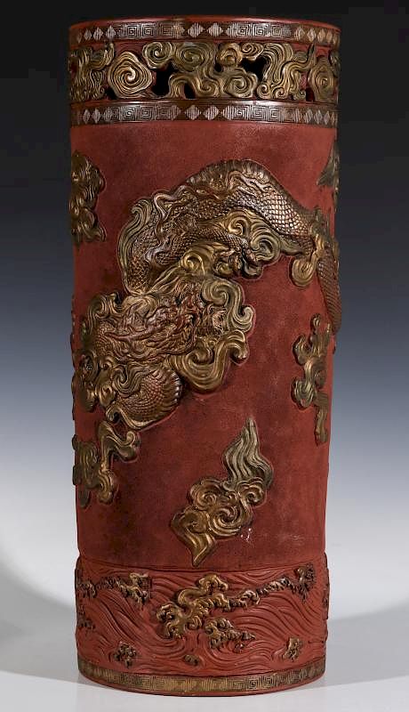 Appraisal: EARLY C CHINESE GILT TERRA COTTA UMBRELLA STAND A cane