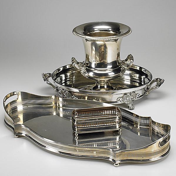 Appraisal: FOUR PIECES OF SILVER PLATELarge galleried tray claw foot deep