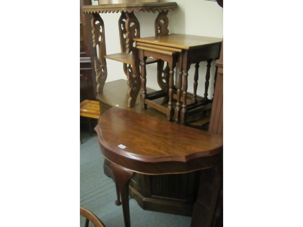 Appraisal: Oak side cabinet carved occasional table half moon table and