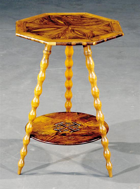 Appraisal: Inlaid olivewood lamp stand circa octagonal inlaid top on three