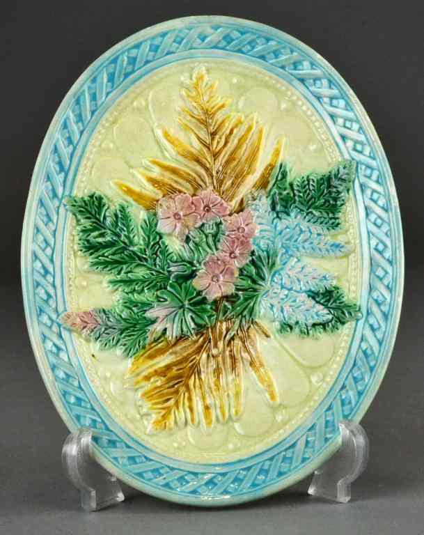 Appraisal: Antique Majolica Oval Plate with Flowers FernsDepicting different ferns and