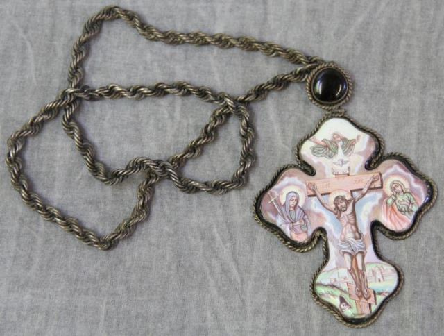 Appraisal: SILVER Russian Silver and Enamel DecoratedCrucifix On twisted rope chain