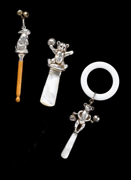 Appraisal: Group of three sterling silver figural rattles various dates and