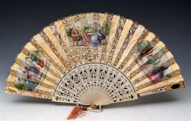 Appraisal: A TH CENTURY FRENCH PAPER AND IVORY FAN with handcoloured