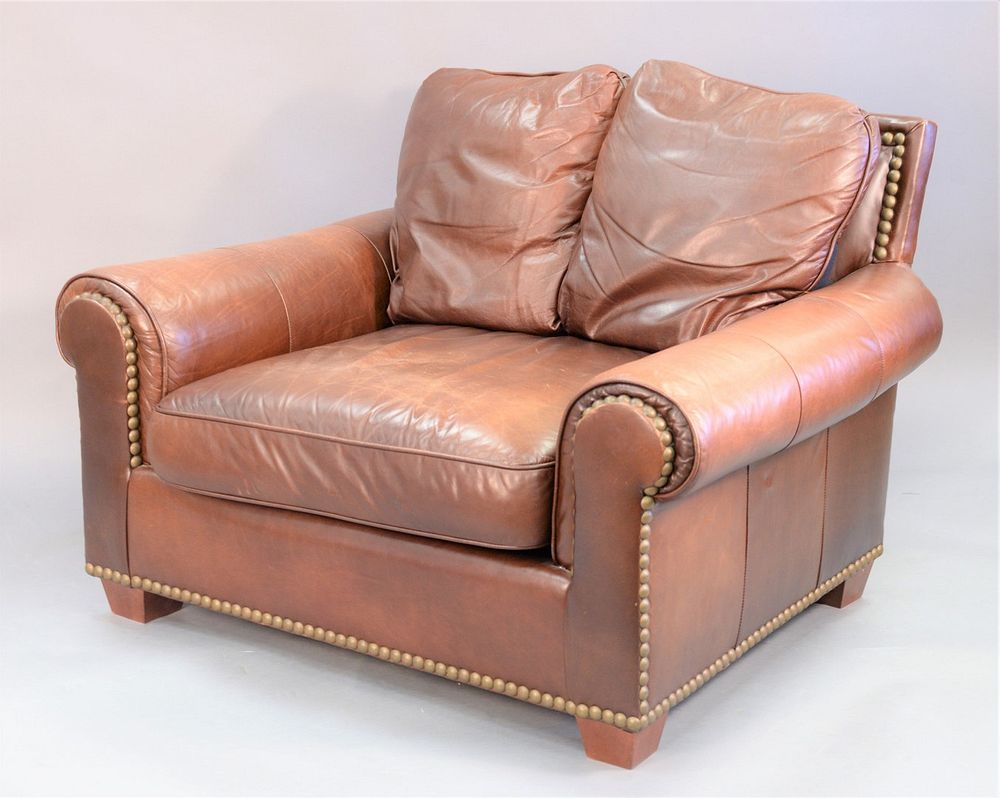 Appraisal: Century Hickory oversized armchair with tacked brown leather upholstery x