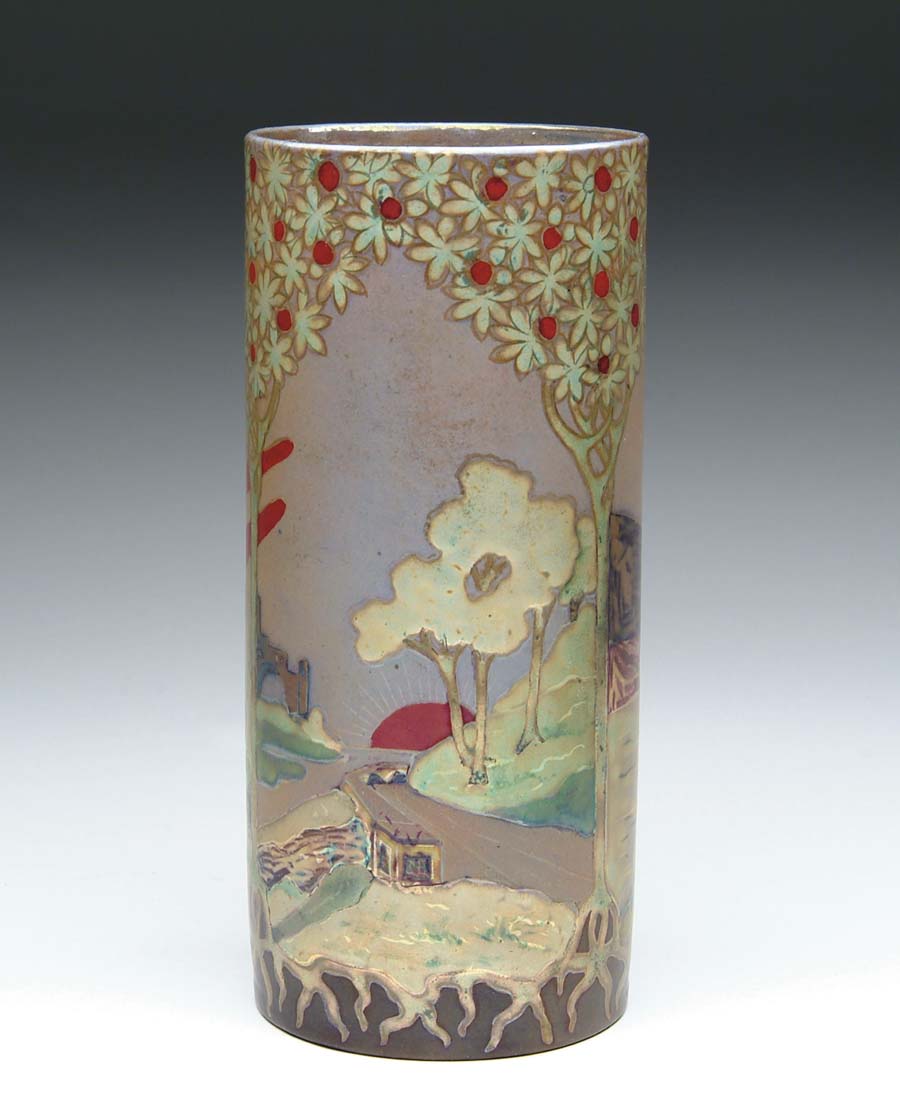 Appraisal: ZSOLNAY LANDSCAPE VASE Exceptional Zsolnay vase has stylized landscape with