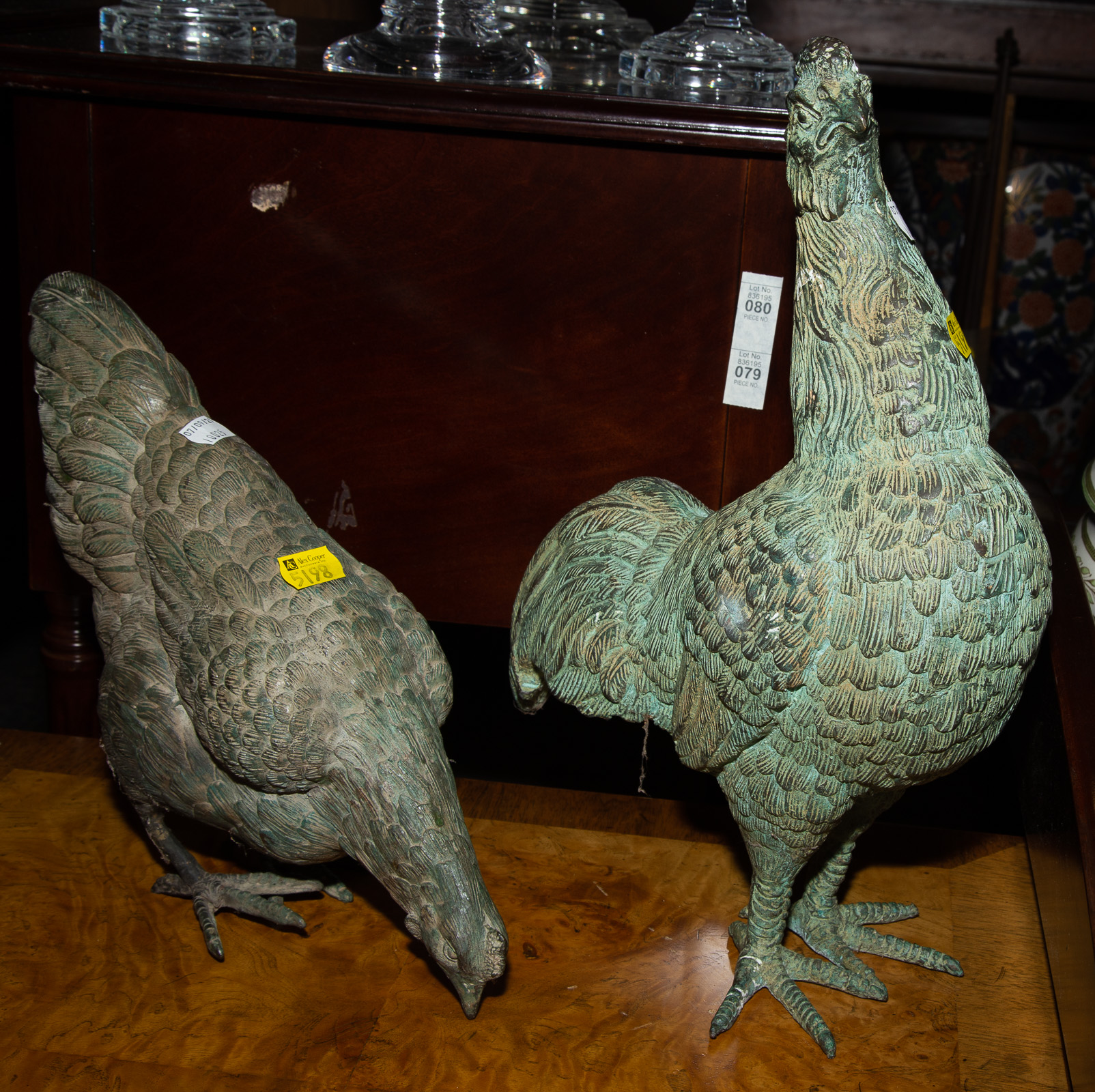 Appraisal: TWO PATINATED BRONZE CHICKENS Late th century - in H