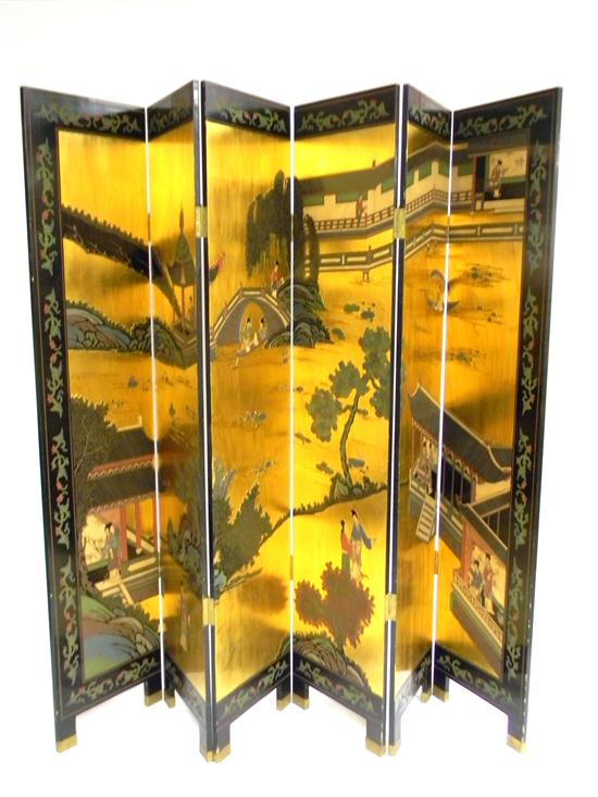 Appraisal: Chinese tall six panel floor screen black lacquer with gilt