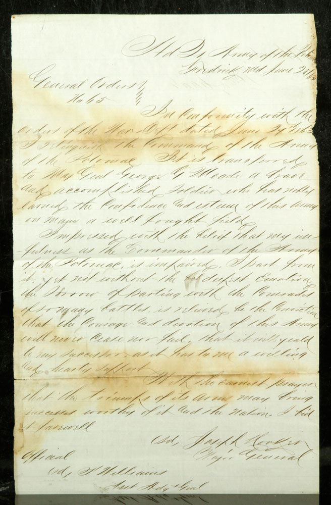 Appraisal: - Major General Joseph Hooker's Letter of Resignation Major General