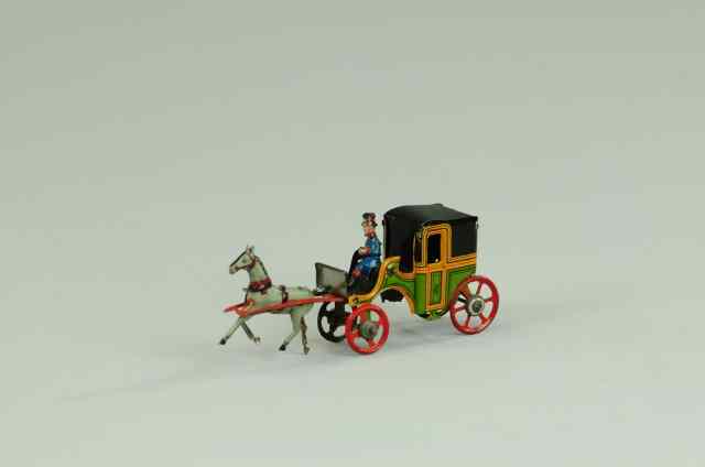 Appraisal: HORSEDRAWN CAB PENNY TOY Solo driver in blue uniform green