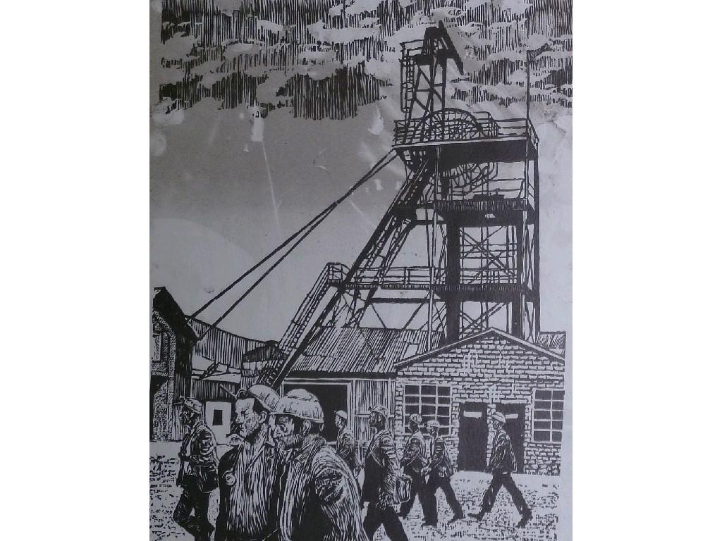 Appraisal: ROGER HAMPSON - LINOCUT 'Miners leaving the pit head' x