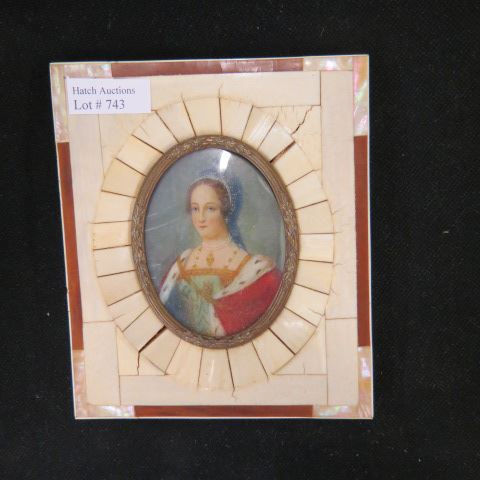 Appraisal: Miniature Painting Portrait on Ivory of a Queen oval x