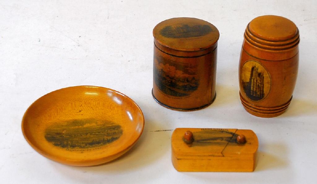 Appraisal: EARLY TH CENTURY ITEMS OF MAUCHLINE WARE namely a cylindrical