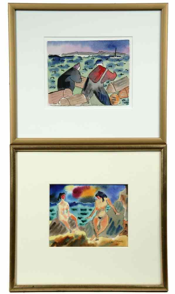 Appraisal: WATERCOLORS - Lobstermen at Work Two Nudes in Landscape by