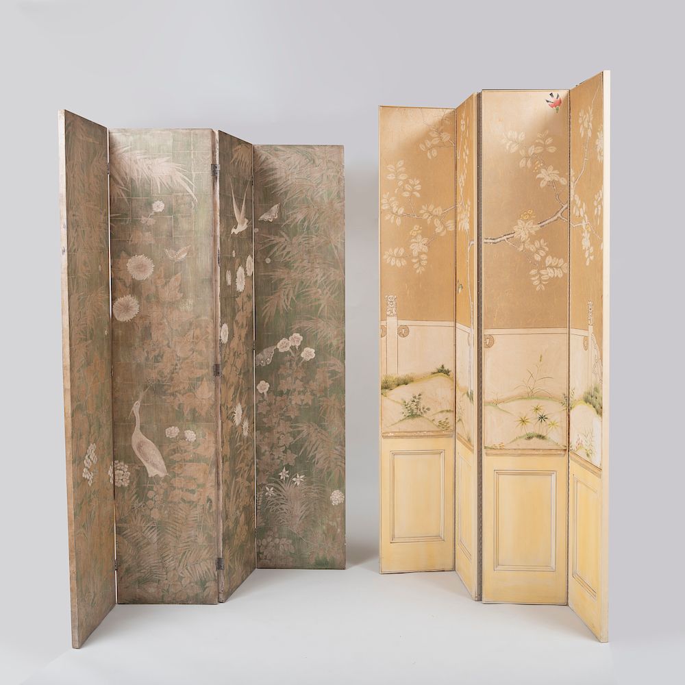 Appraisal: Two Polychrome Decorated Four-Panel Folding Screens Modern in the Chinese