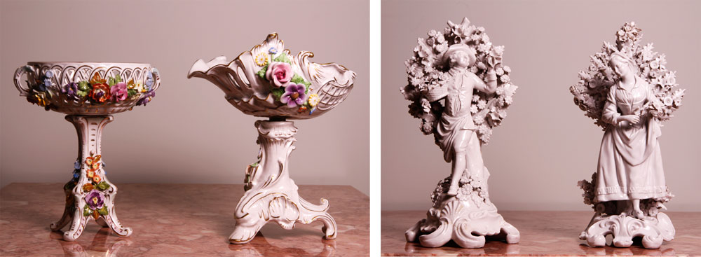 Appraisal: - Lot of Two Compotes and Pair Continental Porcelain Figures