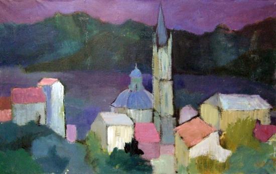 Appraisal: Enid Chauvin modernist landscape of Calvi Corsica signed oil on