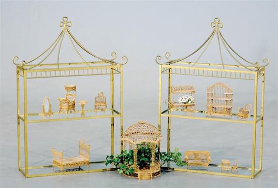 Appraisal: Miniature furniture with display shelves gazebo H Dia flower cart