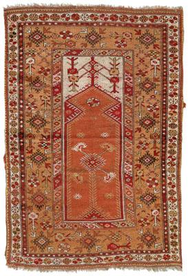 Appraisal: Turkish prayer rug rectangular central panel on faded red ground