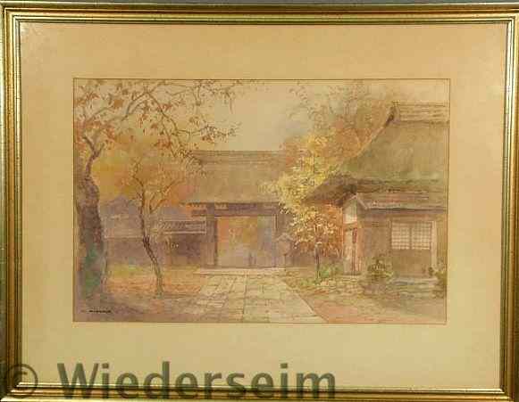 Appraisal: Far East watercolor of buildings signed l l C Miyake