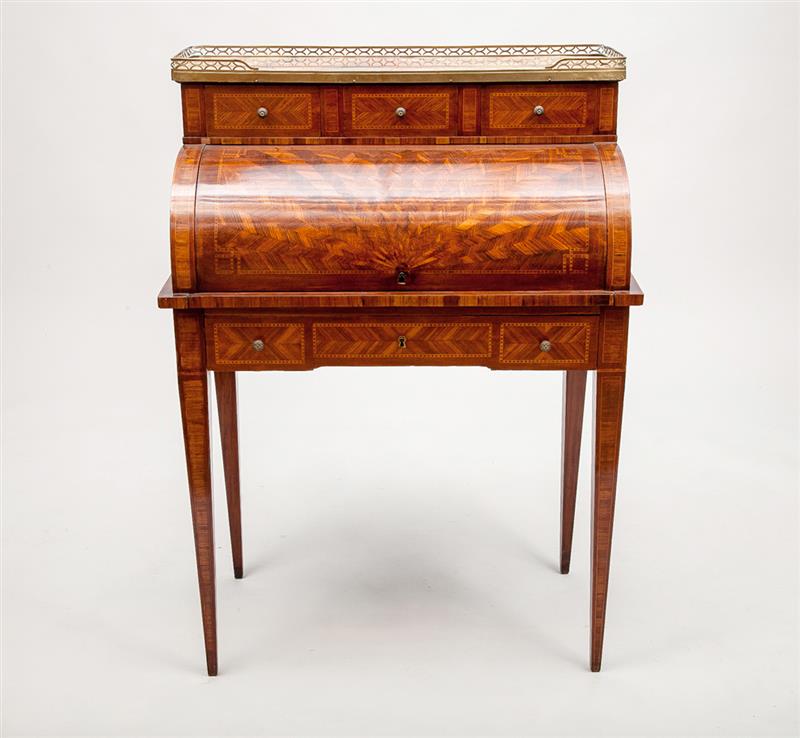 Appraisal: Louis XVI Style Parquetry-Inlaid Kingwood and Tulipwood Bureau Cylindre With