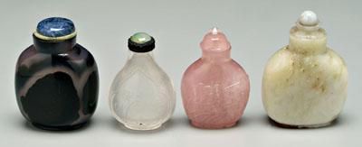 Appraisal: Four Chinese snuff bottles one ovoid agate with dark splotches