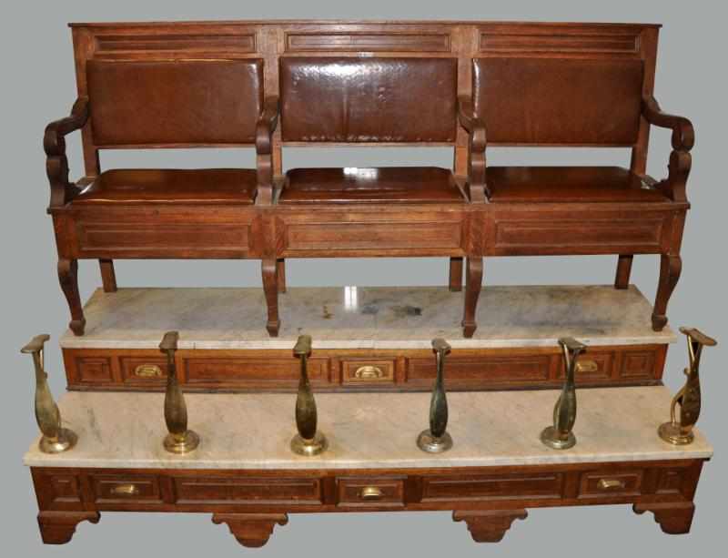 Appraisal: Large Wooden Shoe Shine Piece Description Circa Three chairs with