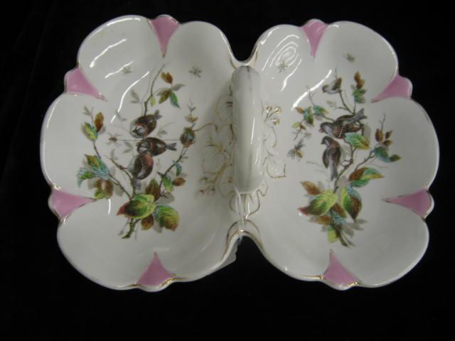 Appraisal: Victorian Porcelain Divided Serving Dish insect birds butterfly floral center