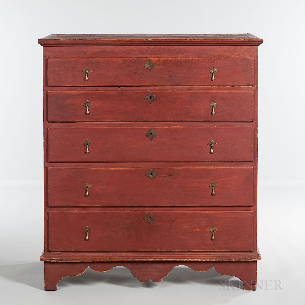 Appraisal: Red-painted Chest of Five Drawers Red-painted Chest of Five Drawers