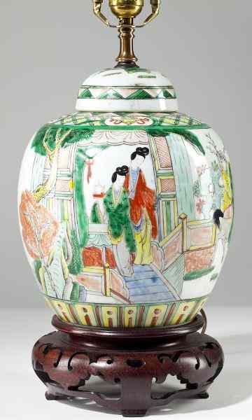 Appraisal: Chinese Famille Verte Ginger Jarelectrified as a table lamp enameled