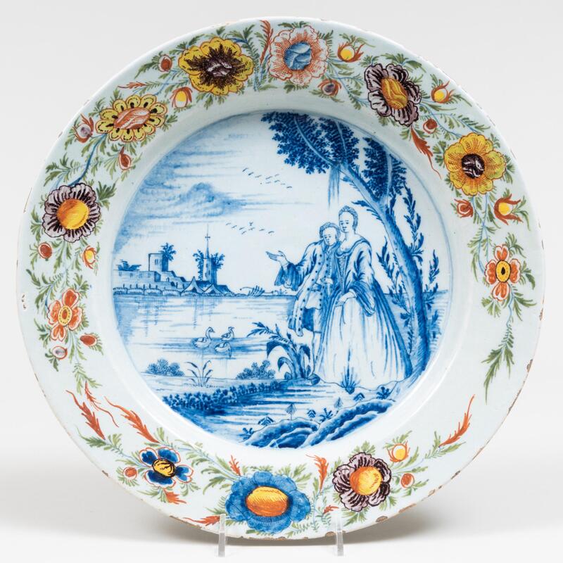 Appraisal: Dutch Delft Polychrome Dish with a Courting Couple in diam