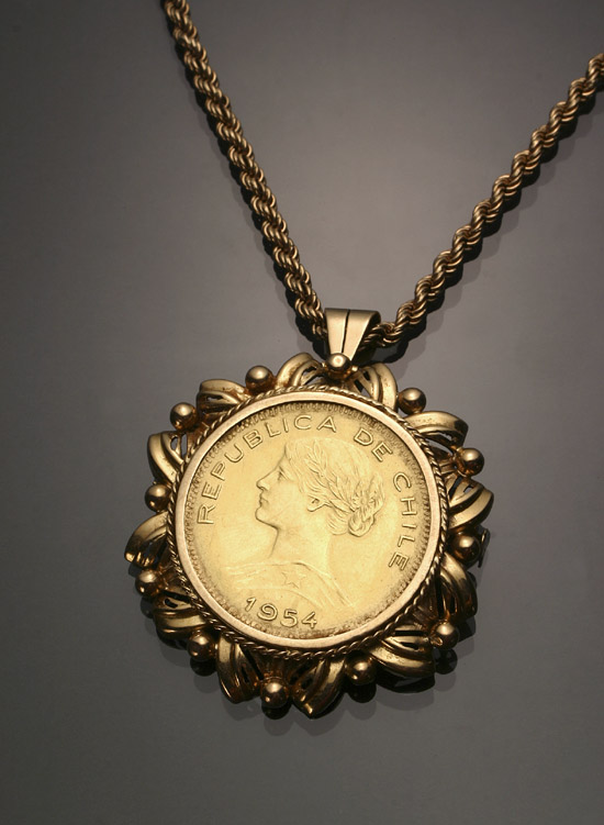 Appraisal: Chilean Gold Coin Pendant Brooch and Chain The -karat yellow-gold