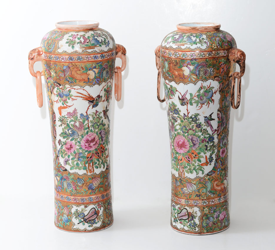 Appraisal: PAIR FAMILLE ROSE ORIENTAL VASES Incised and polychrome floral and