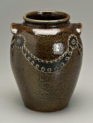 Appraisal: Edgefield style stoneware jar two lug handles mottled dark olive