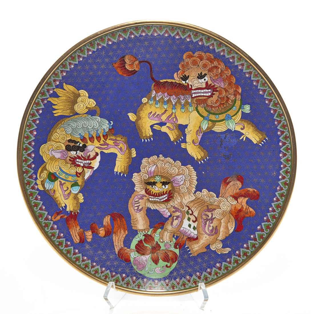 Appraisal: CHINESE CLOISONNE ENAMEL 'LION' CHARGER Chinese cloisonne enamel 'lion' charger