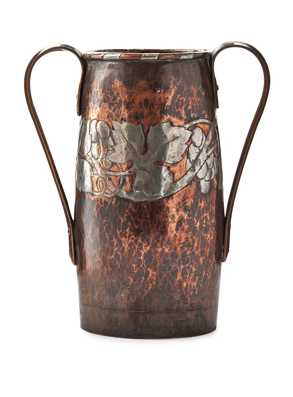 Appraisal: HUGH WALLIS - INLAID COPPER TWIN HANDLED VASE CIRCA the