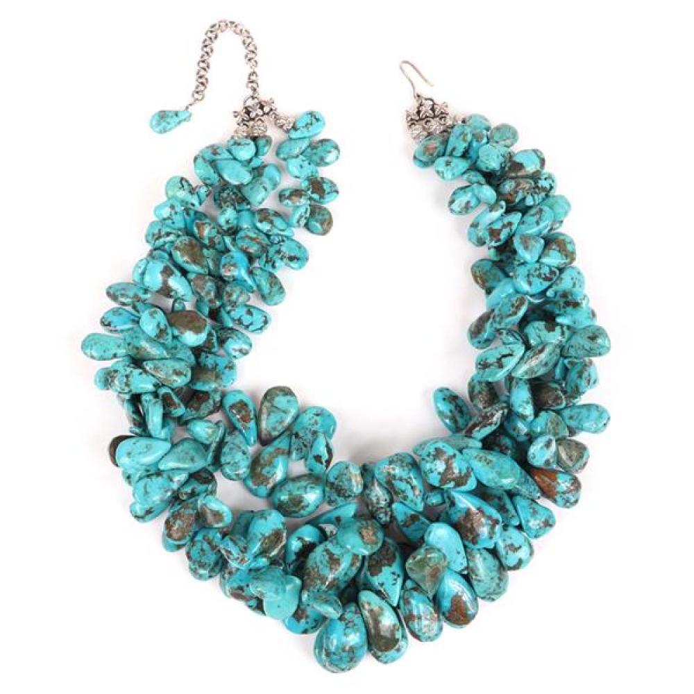 Appraisal: NATIVE AMERICAN INDIAN THREE STRAND TEARDROP CHUNKY TURQUOISE NUGGET NECKLACE