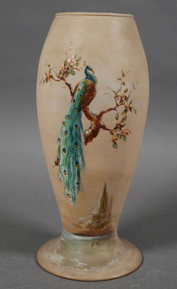 Appraisal: GRAACK POTTERY Peacock Vase Florida Ovoid vase decorated with a