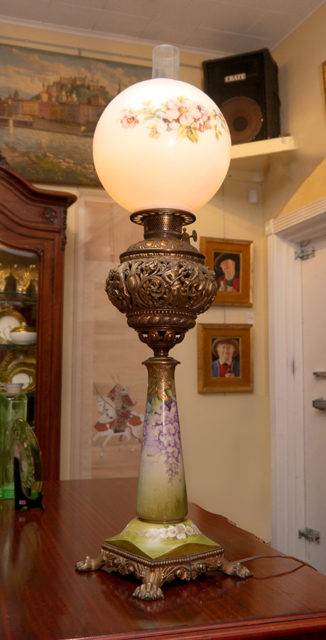 Appraisal: GONE WITH THE WIND BANQUET LAMP Electrified floral motif paint