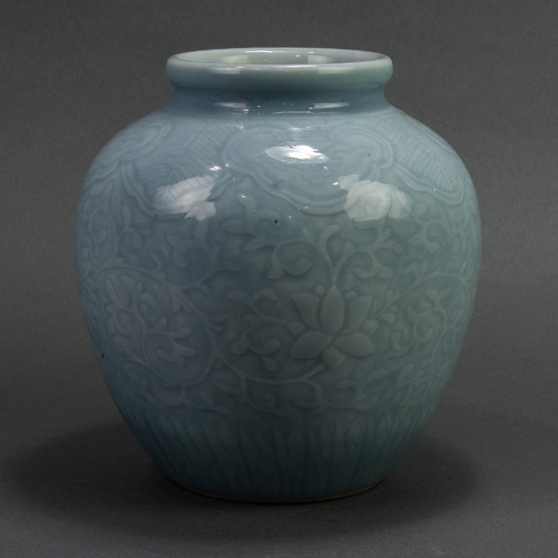 Appraisal: Chinese claire-de-lune glazed vase decorated with scrolling lotus foliage the