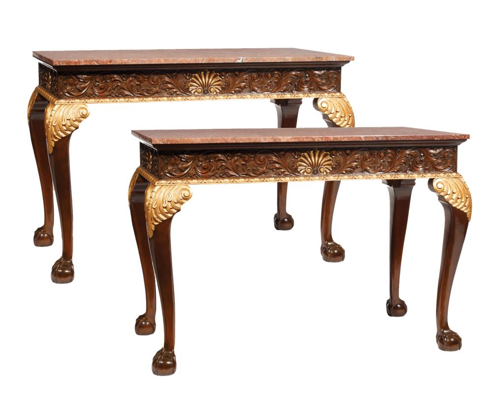 Appraisal: Pair of Monumental Chippendale-Style Parcel Gilt Mahogany Console Tables th