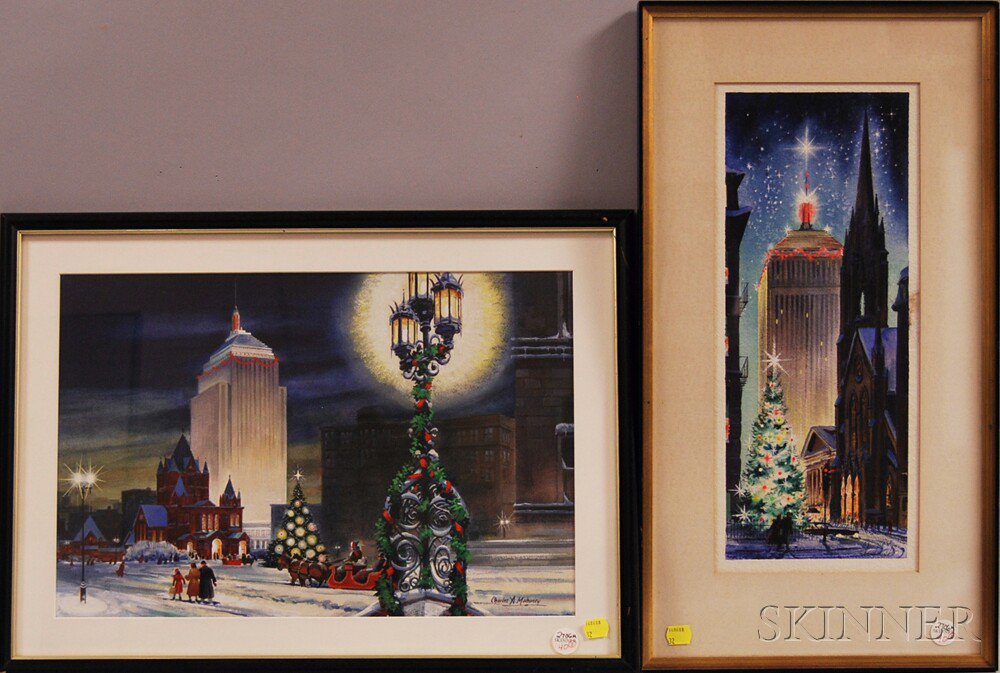 Appraisal: Two Framed th Century Watercolor Scenes of Boston at Christmastime