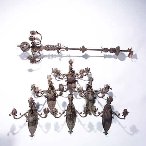 Appraisal: Frank Furness atribution wrought-iron ceiling pendant and six matching three-light