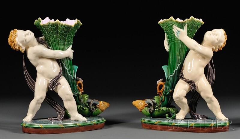 Appraisal: Pair of Minton Majolica Cornucopia Vases England date cipher for