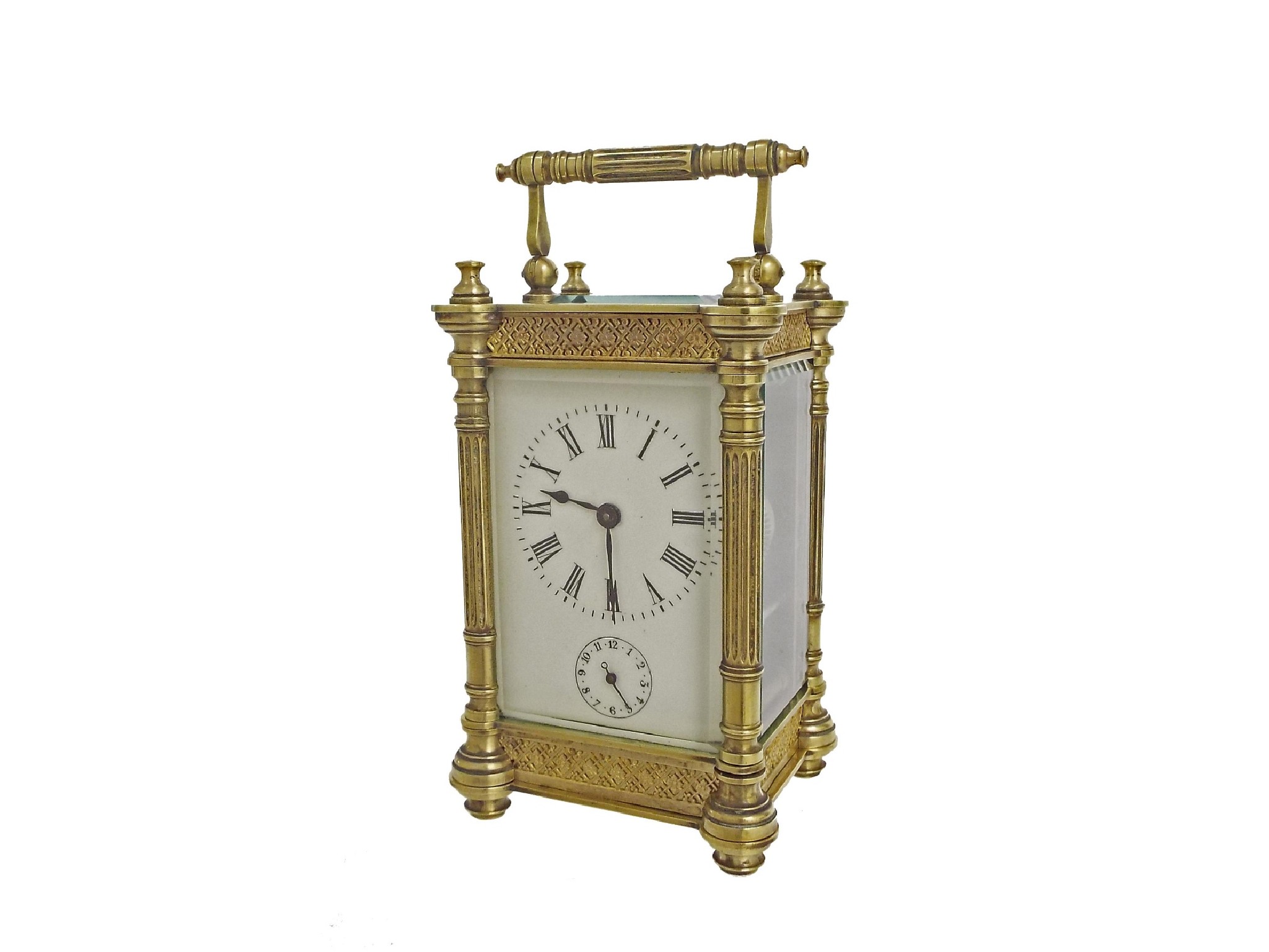 Appraisal: Carriage clock alarm timepiece within an ornate brass pillared case